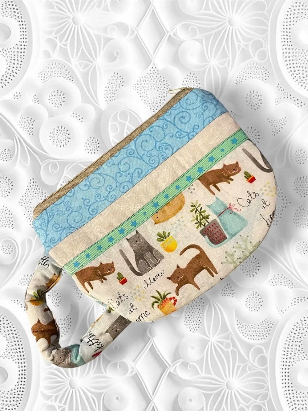 Teacup Pouch Cat Print Quilted Pouch in Blue and Cream